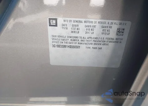 2017 Chevrolet Cruze Lt Auto z USA, uszkodzony, nr VIN 3G1BE5SM1HS558301